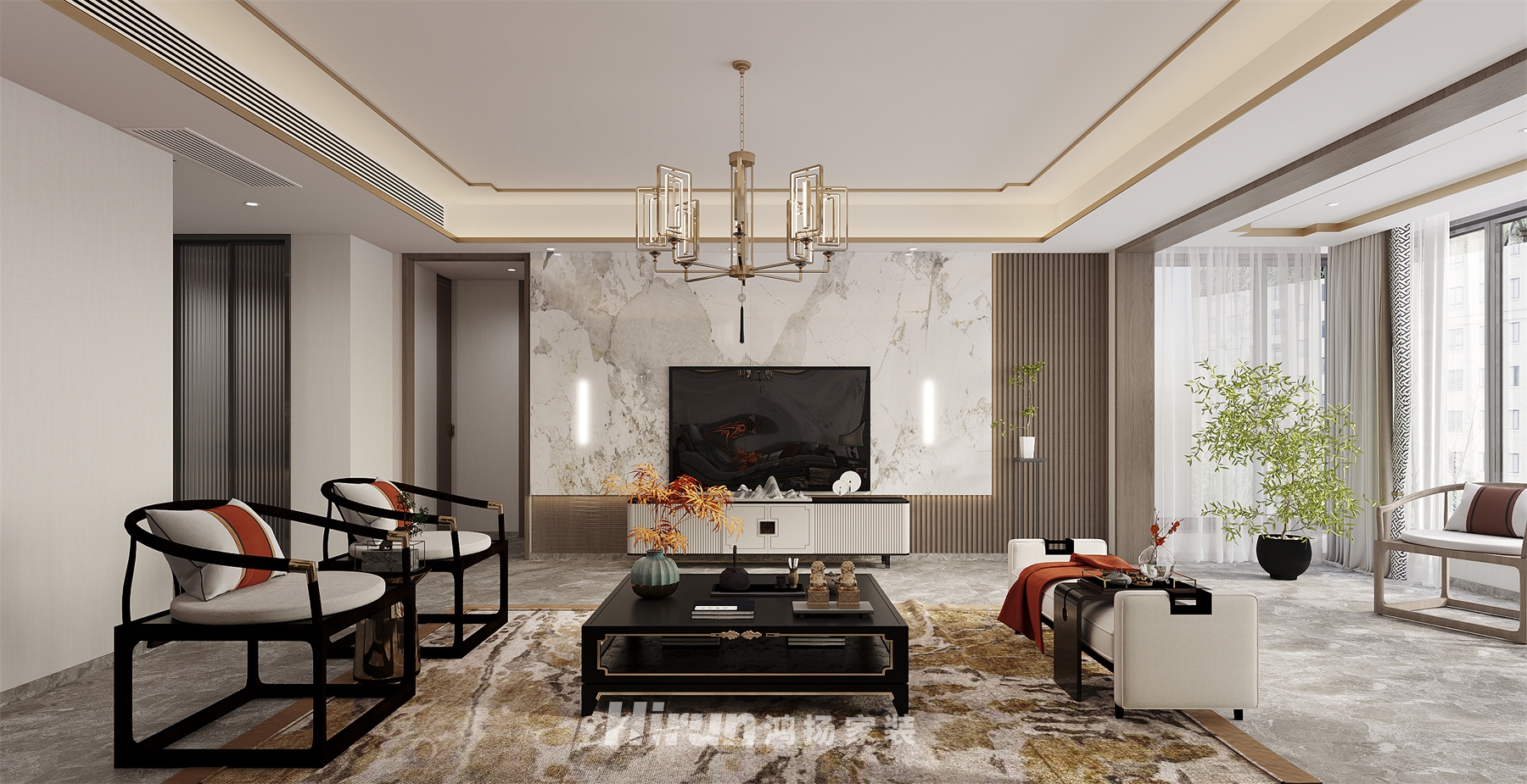 天一康園200㎡意境東方四居室 裝修案例效果圖-3