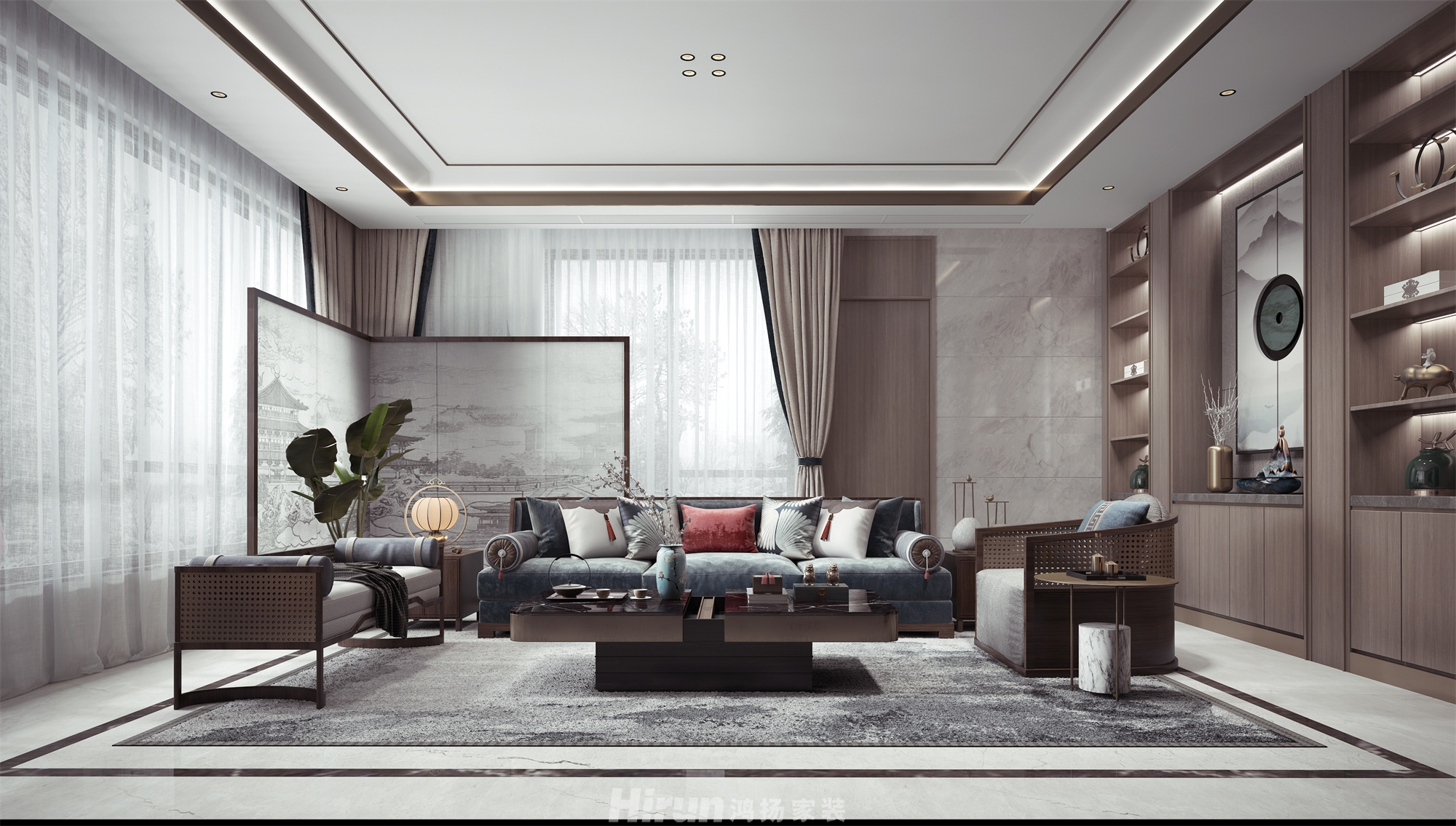 天鵝堡280㎡意境東方別墅 裝修案例效果圖-1