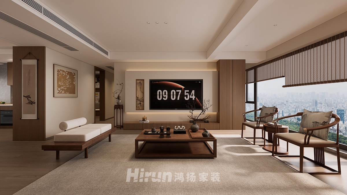 潤和湘江天地140㎡意境東方三居室 裝修案例效果圖-1